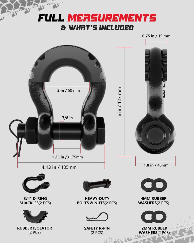 AMBULL Shackles 3/4 Inch D Ring Shackle (2 Pack) 41,887lb Break Strength with 7/8 Inch Pin, Isolator and Washer Kits for Use with Tow Strap, Winch, Off-Road Jeep Truck Vehicle Recovery, Black - Image 3