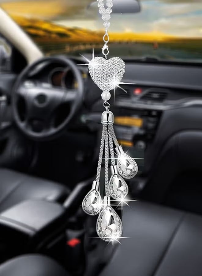 تعليقات سيارة مرصعة بالكريستال على شكل قلب ماسي، زينة مرآة الرؤية الخلفية البيضاء لجلب الحظ | هدايا زينة داخلية للنساء - Image 1