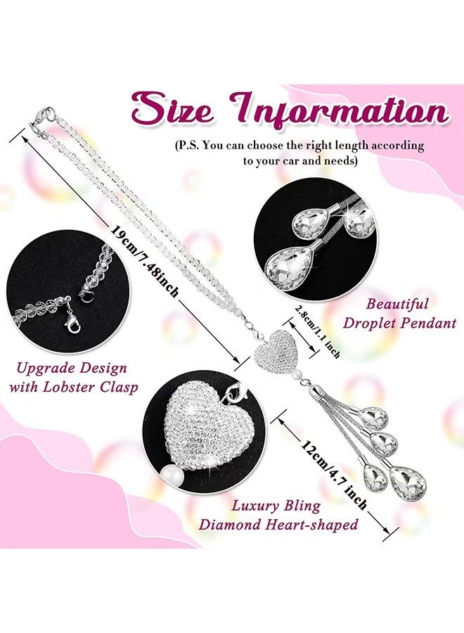 تعليقات سيارة مرصعة بالكريستال على شكل قلب ماسي، زينة مرآة الرؤية الخلفية البيضاء لجلب الحظ | هدايا زينة داخلية للنساء - Image 3