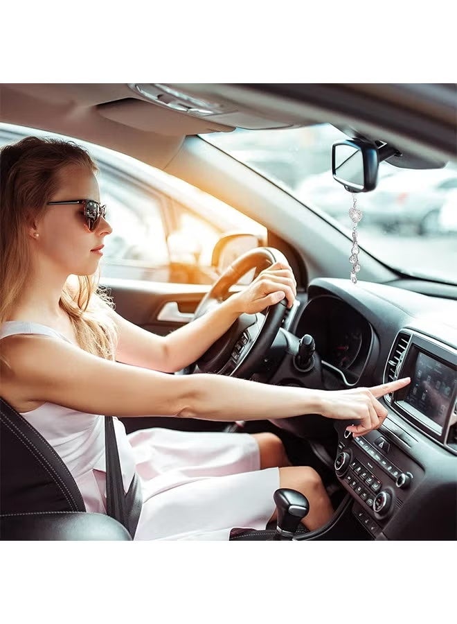 تعليقات سيارة مرصعة بالكريستال على شكل قلب ماسي، زينة مرآة الرؤية الخلفية البيضاء لجلب الحظ | هدايا زينة داخلية للنساء - Image 2