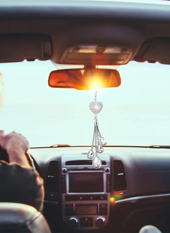 تعليقات سيارة مرصعة بالكريستال على شكل قلب ماسي، زينة مرآة الرؤية الخلفية البيضاء لجلب الحظ | هدايا زينة داخلية للنساء - Image 4