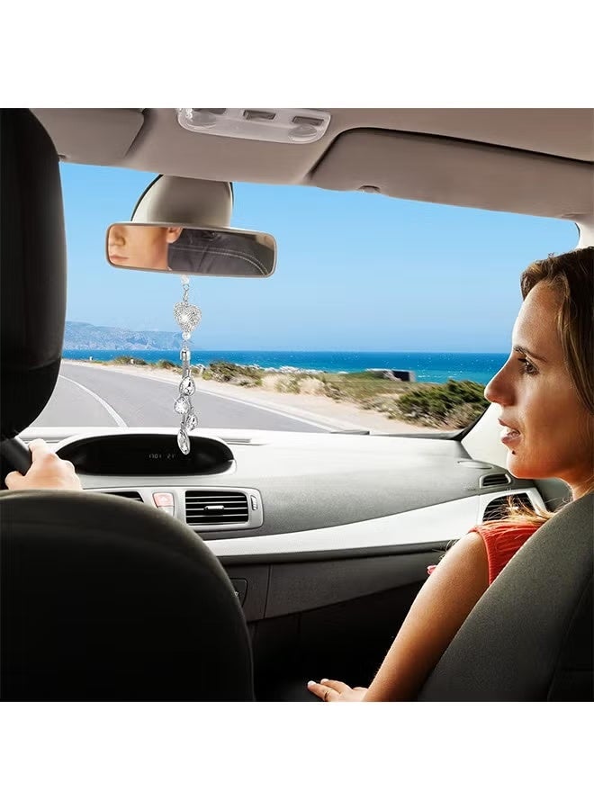 تعليقات سيارة مرصعة بالكريستال على شكل قلب ماسي، زينة مرآة الرؤية الخلفية البيضاء لجلب الحظ | هدايا زينة داخلية للنساء - Image 5