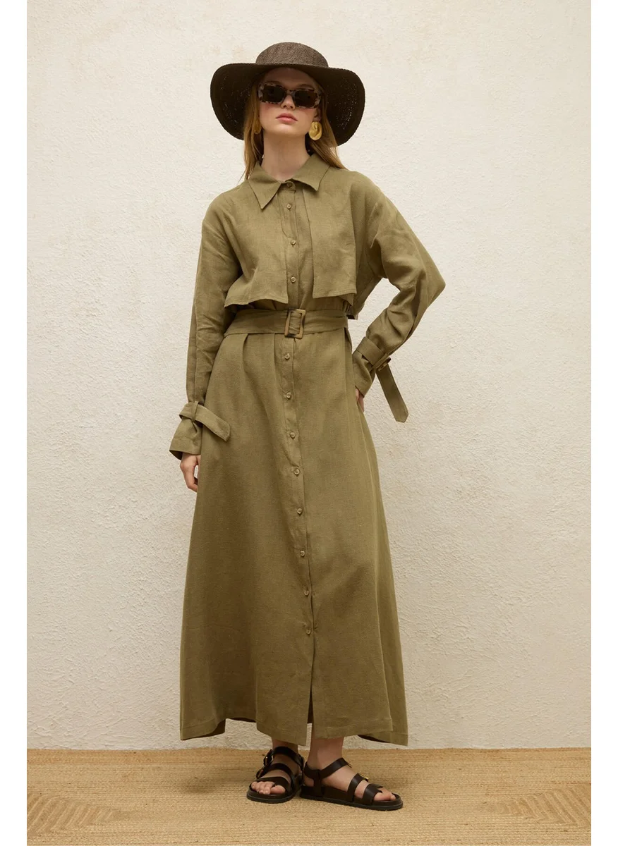 Manuka Linen Trench Style Dress Khaki