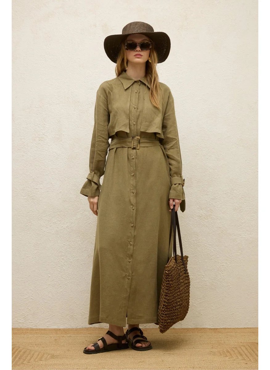 مانوكا Linen Trench Style Dress Khaki