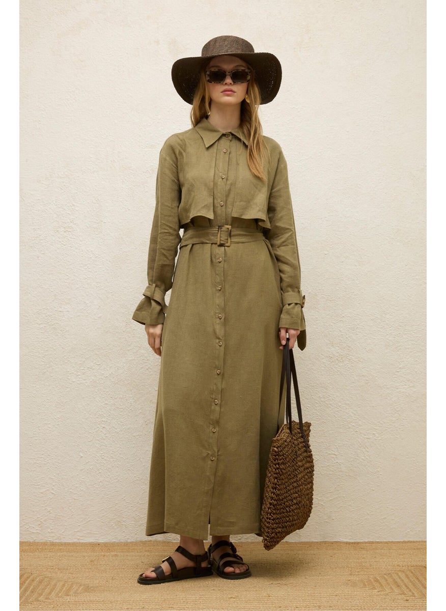 Manuka - Linen Trench Style Dress Khaki - Image 1