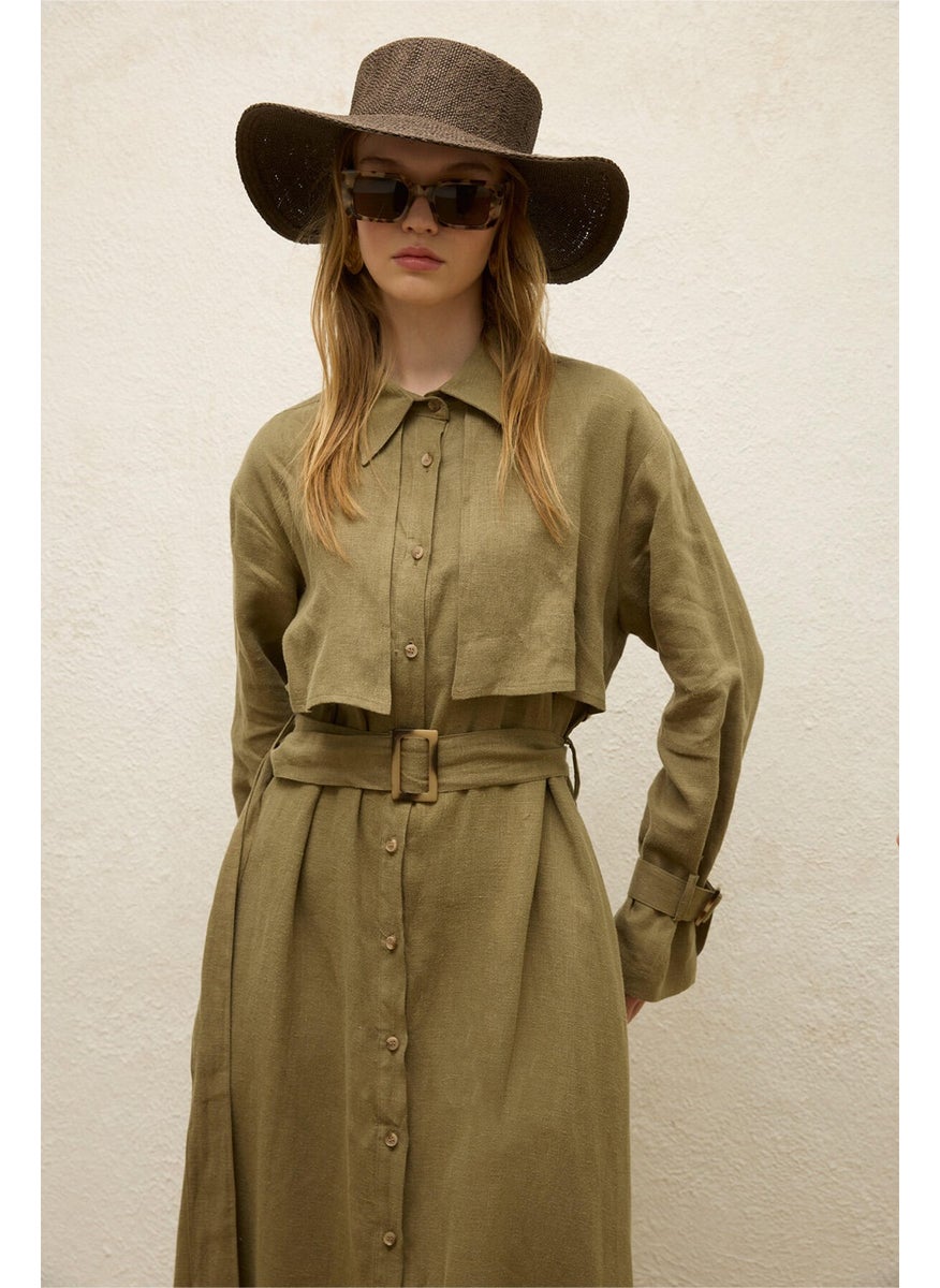 Manuka - Linen Trench Style Dress Khaki - Image 1