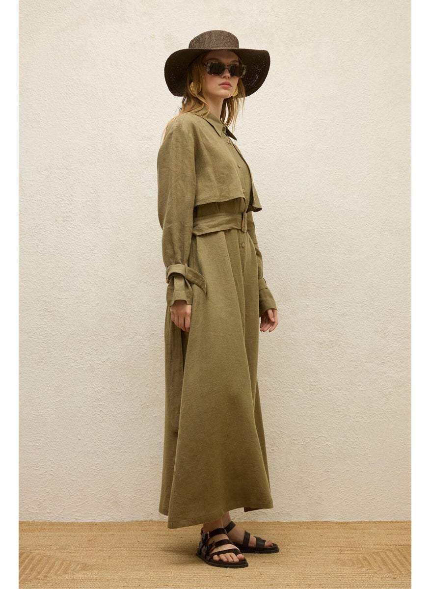 Manuka - Linen Trench Style Dress Khaki - Image 1