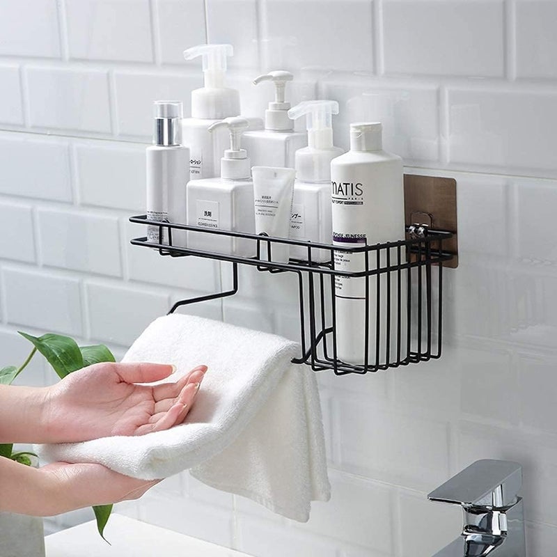 Dkriva Self-Adhesive Shower Shelf Soap with Hooks Stainless Steel Shower Rack Basket for Shampoo Soap Razor Rustproof Bathroom Shower Caddy Storage Organizer Black(1Pcs) - Image 2