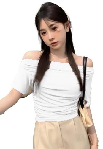 Istyle Can Korean Solid Short Sleeve Asymmetric Collar Pleated Cropped Top - Asymmetrical Neck, Ruched Design, Regular Sleeve, Casual, Half Sleeve, Slim Fit (in, Alpha, XL, Regular, White) - Image 1
