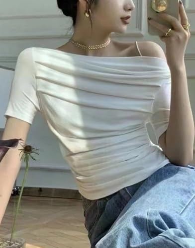 Istyle Can Korean Solid Short Sleeve Asymmetric Collar Pleated Cropped Top - Asymmetrical Neck, Ruched Design, Regular Sleeve, Casual, Half Sleeve, Slim Fit (in, Alpha, XL, Regular, White) - Image 3
