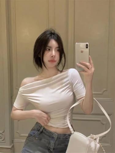 Istyle Can Korean Solid Short Sleeve Asymmetric Collar Pleated Cropped Top - Asymmetrical Neck, Ruched Design, Regular Sleeve, Casual, Half Sleeve, Slim Fit (in, Alpha, XL, Regular, White) - Image 4