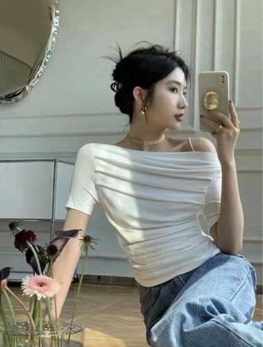 Istyle Can Korean Solid Short Sleeve Asymmetric Collar Pleated Cropped Top - Asymmetrical Neck, Ruched Design, Regular Sleeve, Casual, Half Sleeve, Slim Fit (in, Alpha, XL, Regular, White) - Image 2