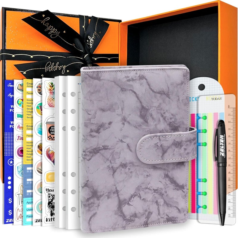 Zelten PU Leather Personal Notebook Planner with 80 Pages Loose-Leaf Papers 6 Holes Ring Binder Pen Holder Magnetic Buckle (Gray Marble, A6 Gift Box) - Image 1