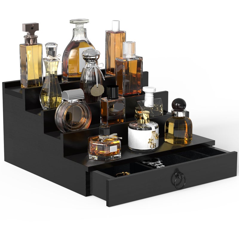 upcessory Cologne Organizer for Men, 4 Tier Black Wood Perfume Organizer with Felt Lining Drawer and Hidden Compartment, Perfume Display Holder, A Gift for Men - Image 1