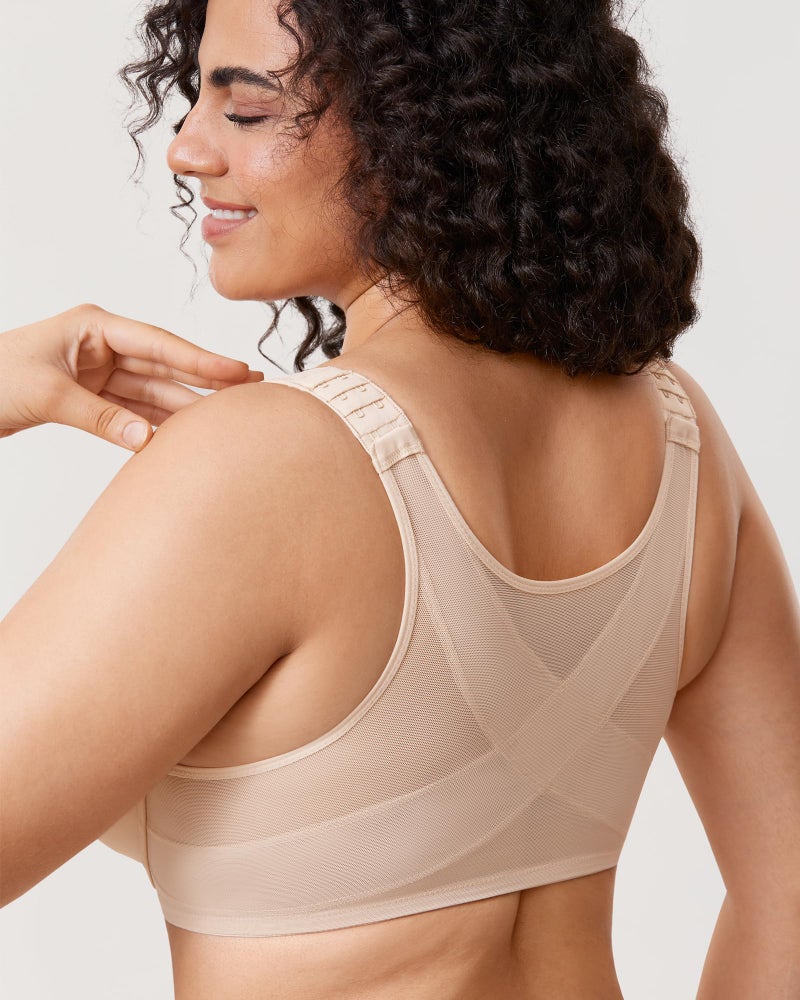 DELIMIRA Women's Front Closure Bras Posture Full Coverage Plus Size Underwire Unlined Back Support Plunge Seamless Bra B-H Cups Beige 42D - Image 4