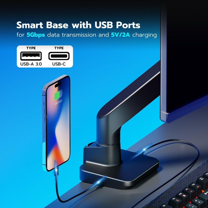 ARES WING Ultrawide Monitor Arm with USB A/C, for 17 to 49 inch Heavy Duty Screen, Holds 44 lbs, Adjustable Gas Spring Arm Desk Mount with Clamp and Grommet Base, Black - Image 5