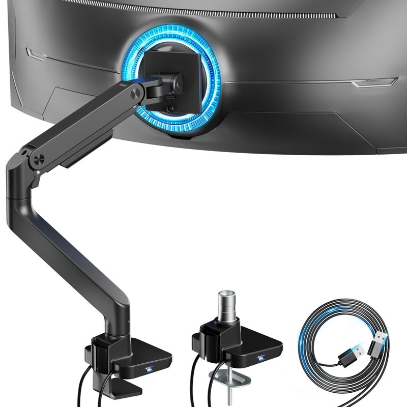 ARES WING Ultrawide Monitor Arm with USB A/C, for 17 to 49 inch Heavy Duty Screen, Holds 44 lbs, Adjustable Gas Spring Arm Desk Mount with Clamp and Grommet Base, Black - Image 1