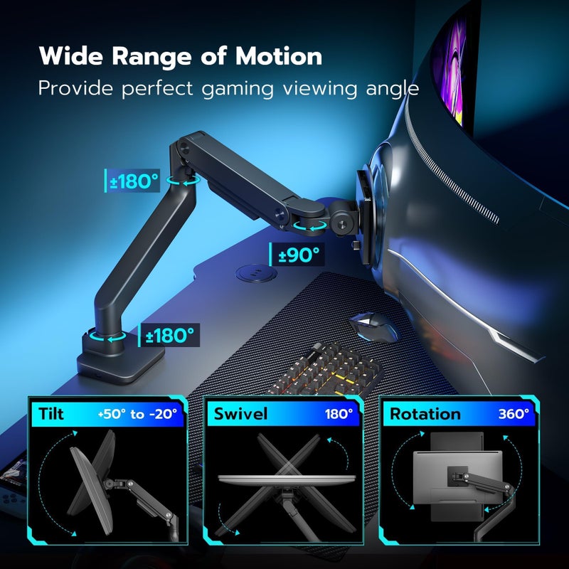 ARES WING Ultrawide Monitor Arm with USB A/C, for 17 to 49 inch Heavy Duty Screen, Holds 44 lbs, Adjustable Gas Spring Arm Desk Mount with Clamp and Grommet Base, Black - Image 4