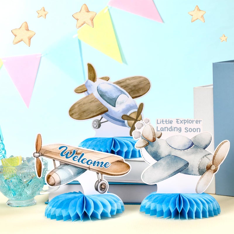 Moinchore 12 Pcs Airplane Party Decorations Blue Honeycomb Centerpieces Airplane Table Decoration Little Explorer Landing Soon Table Topper for Birthday Party Favors Supplies - Image 3
