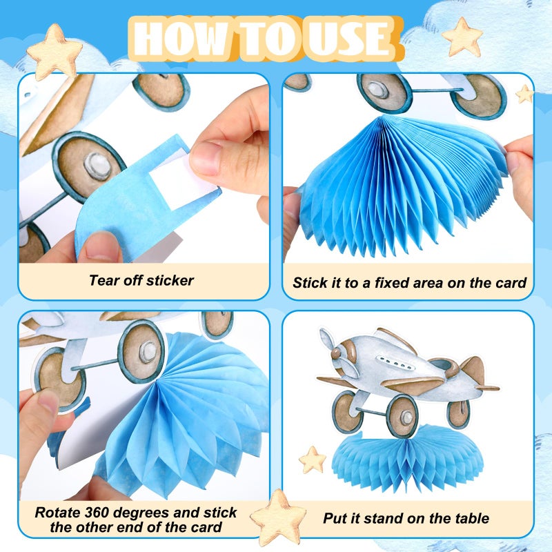 Moinchore 12 Pcs Airplane Party Decorations Blue Honeycomb Centerpieces Airplane Table Decoration Little Explorer Landing Soon Table Topper for Birthday Party Favors Supplies - Image 5