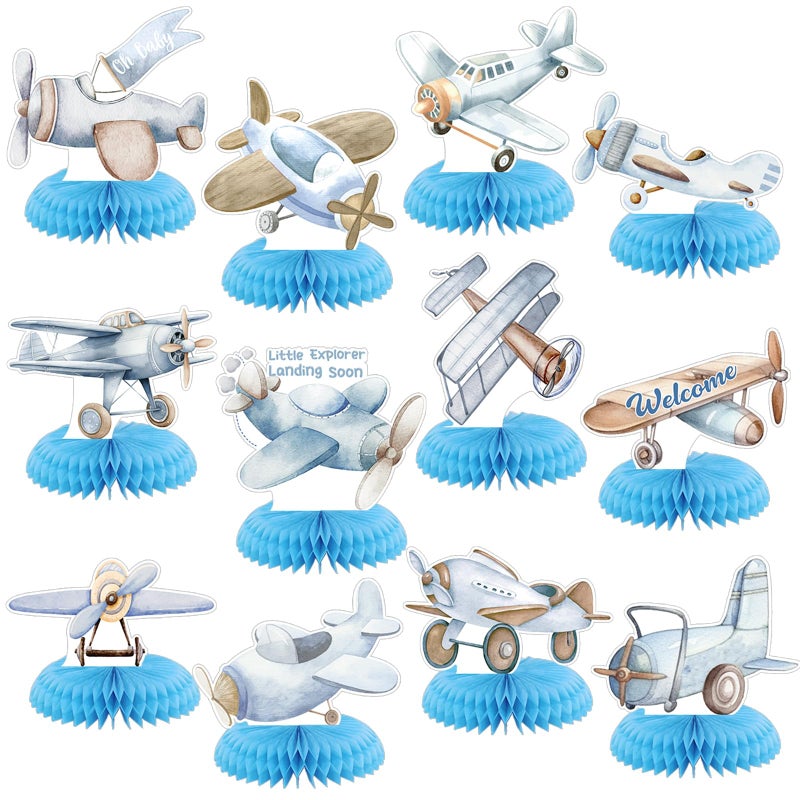Moinchore 12 Pcs Airplane Party Decorations Blue Honeycomb Centerpieces Airplane Table Decoration Little Explorer Landing Soon Table Topper for Birthday Party Favors Supplies - Image 1