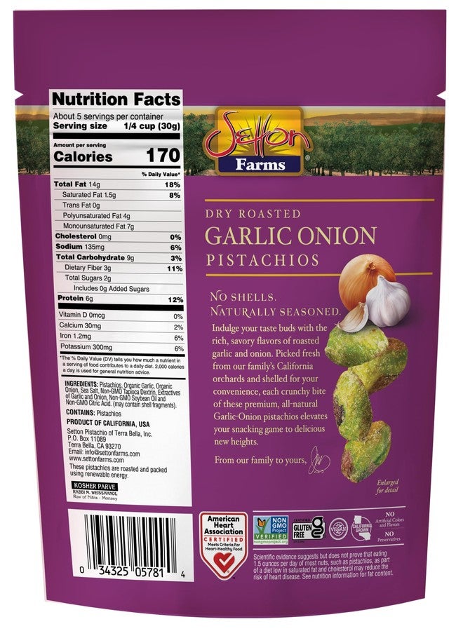 Setton Farms Naturally Seasoned Pistachio Kernels, Garlic Onion, No Shell Pistachios, Certified Non-GMO, Gluten Free, Vegan and Kosher, 5 oz Resealable Pouch - Image 2