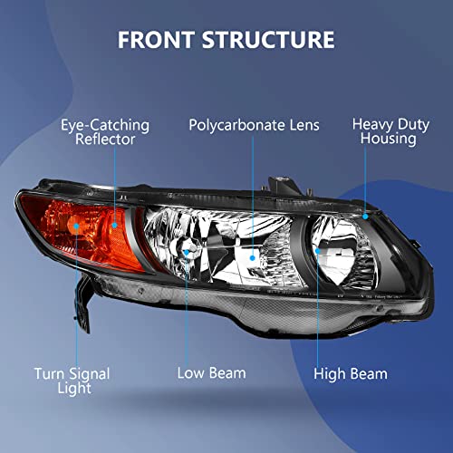 ECCPP Headlight Assembly Pair For Honda Civic Coupe 2006-2011 2 Door Coupe Black Housing Amber Reflector Clear Lens Driver and Passenger Side - Image 2