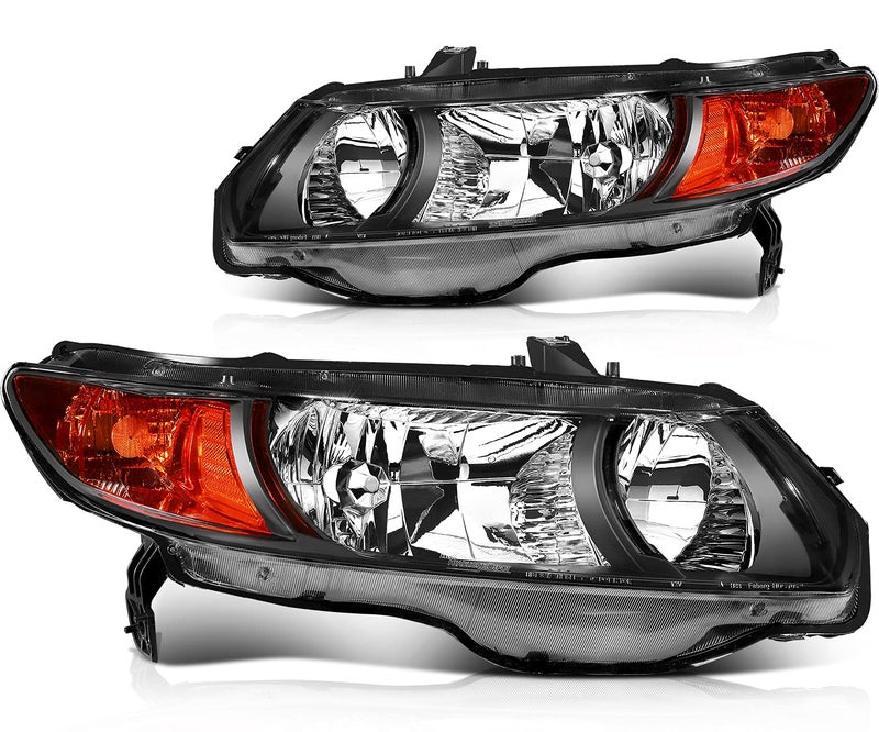 ECCPP Headlight Assembly Pair For Honda Civic Coupe 2006-2011 2 Door Coupe Black Housing Amber Reflector Clear Lens Driver and Passenger Side - Image 1
