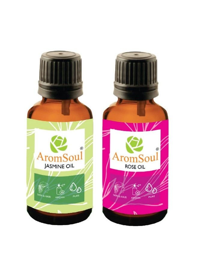 Aromsoul - Pure Jasmine & Rose Essential Oil 15 Ml Each ; Combo Pack Of 2 Oils For Hair Skin Face ; Therapeutic & Aromatherapy Grade ; - Image 1