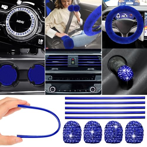 Woanger 47 Car Seat Cover Full Set for Women Included Car Front Rear Seat Fluffy Steering Wheel Cover Belt Automotive Floor Mats Air Conditioner Decoration Strip Universal(Blue) - Image 5