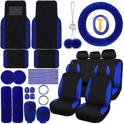 Woanger 47 Car Seat Cover Full Set for Women Included Car Front Rear Seat Fluffy Steering Wheel Cover Belt Automotive Floor Mats Air Conditioner Decoration Strip Universal(Blue) - Image 1