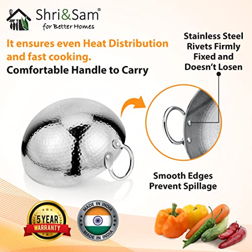 Shri & Sam Stainless Steel 2.8 Litre Triply Deep Pro Light Weight Hammered Kadhai with Lid, 26 cm, 1497 Grams - Image 5