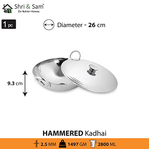 Shri & Sam Stainless Steel 2.8 Litre Triply Deep Pro Light Weight Hammered Kadhai with Lid, 26 cm, 1497 Grams - Image 2