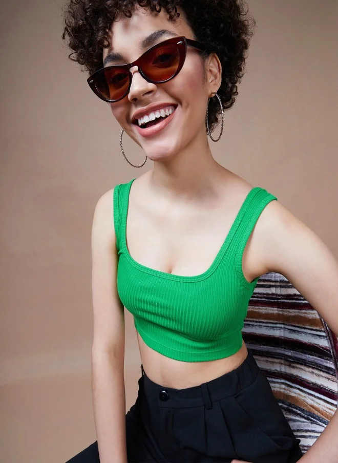SASSAFRAS Green Ribbed Cropped Tank Top for Women
