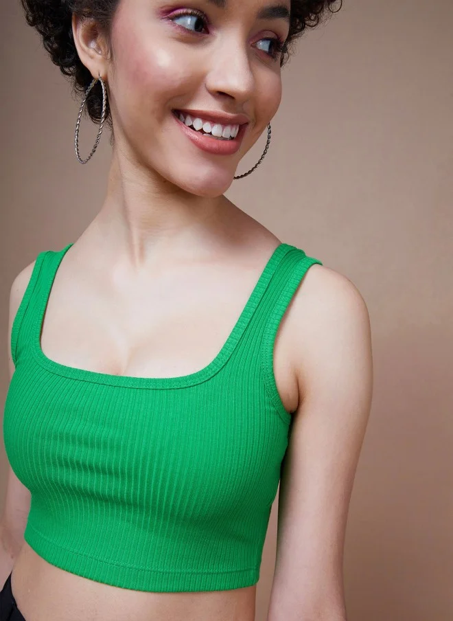SASSAFRAS Green Ribbed Cropped Tank Top for Women