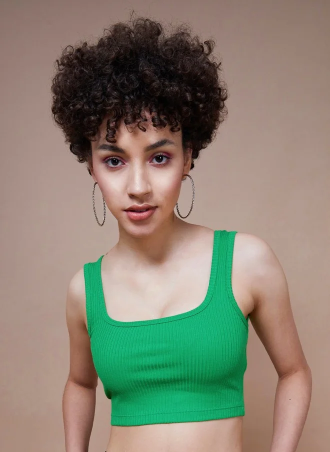 SASSAFRAS Green Ribbed Cropped Tank Top for Women