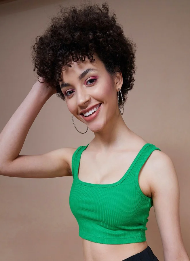 SASSAFRAS Green Ribbed Cropped Tank Top for Women