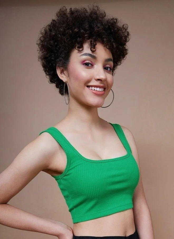 SASSAFRAS Green Ribbed Cropped Tank Top for Women