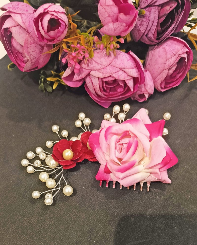La Belleza Wedding Hair Accessory Tiara | Pearl Crystal Hair Side Comb with Pink and Golden Rose | Floral Hair Crown | Hair clip/Side Pin for Girls and Women - Image 4