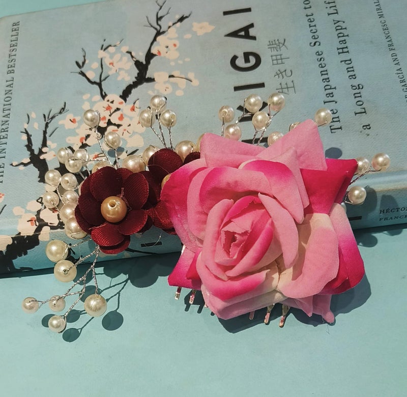 La Belleza Wedding Hair Accessory Tiara | Pearl Crystal Hair Side Comb with Pink and Golden Rose | Floral Hair Crown | Hair clip/Side Pin for Girls and Women - Image 2