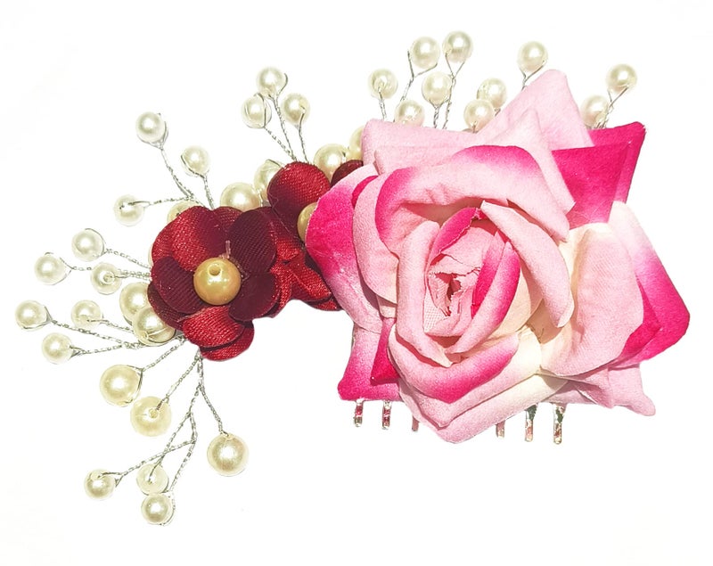 La Belleza Wedding Hair Accessory Tiara | Pearl Crystal Hair Side Comb with Pink and Golden Rose | Floral Hair Crown | Hair clip/Side Pin for Girls and Women - Image 1