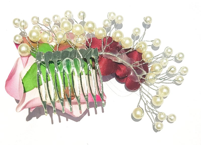 La Belleza Wedding Hair Accessory Tiara | Pearl Crystal Hair Side Comb with Pink and Golden Rose | Floral Hair Crown | Hair clip/Side Pin for Girls and Women - Image 3