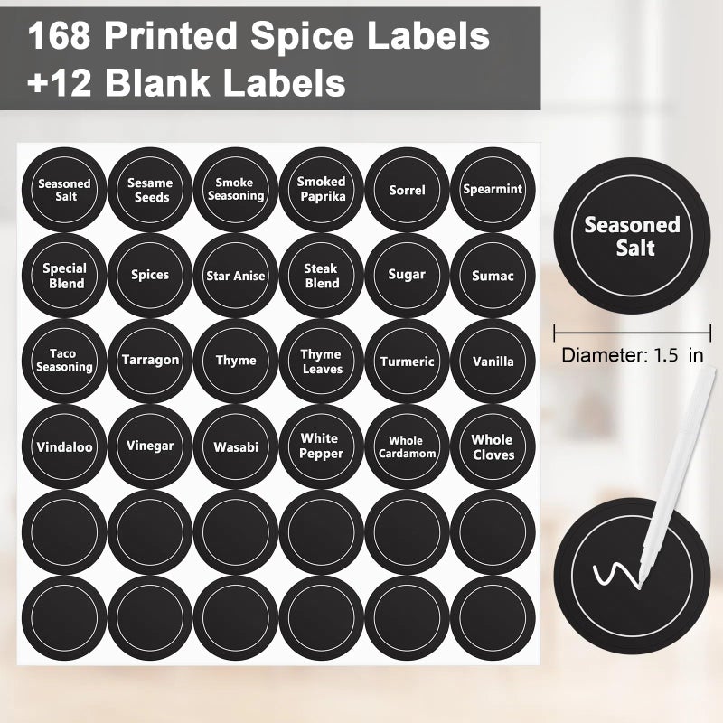Seropy 180 Spice Labels for Food Containers, Chalkboard Labels for Jars, Spice Label Stickers Herb Seasoning Kitchen Pantry Labels, Small Chalk Sticker Spice Jar Label Round 168 Printed, 1 Erasable Chalk - Image 3
