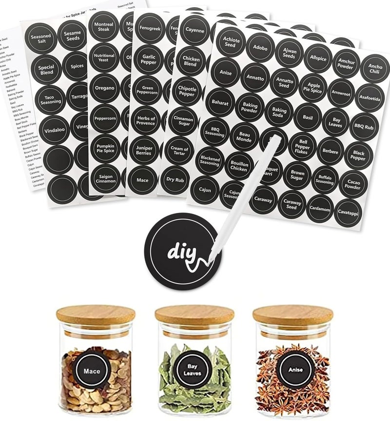 Seropy 180 Spice Labels for Food Containers, Chalkboard Labels for Jars, Spice Label Stickers Herb Seasoning Kitchen Pantry Labels, Small Chalk Sticker Spice Jar Label Round 168 Printed, 1 Erasable Chalk - Image 1