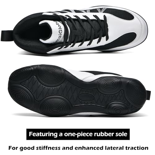 DimaiGlobal Men's Wrestling Shoe Boxing Shoes Zero Drop Sole High Top Fighting Shoes Fitness Sneaker Powerlifting Bodybuilding Weightlifting Training Shoes Black/White - Image 5