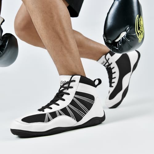 DimaiGlobal Men's Wrestling Shoe Boxing Shoes Zero Drop Sole High Top Fighting Shoes Fitness Sneaker Powerlifting Bodybuilding Weightlifting Training Shoes Black/White - Image 2