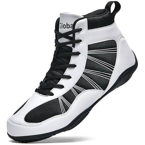 DimaiGlobal Men's Wrestling Shoe Boxing Shoes Zero Drop Sole High Top Fighting Shoes Fitness Sneaker Powerlifting Bodybuilding Weightlifting Training Shoes Black/White - Image 1