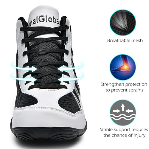 DimaiGlobal Men's Wrestling Shoe Boxing Shoes Zero Drop Sole High Top Fighting Shoes Fitness Sneaker Powerlifting Bodybuilding Weightlifting Training Shoes Black/White - Image 4