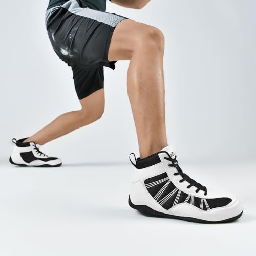 DimaiGlobal Men's Wrestling Shoe Boxing Shoes Zero Drop Sole High Top Fighting Shoes Fitness Sneaker Powerlifting Bodybuilding Weightlifting Training Shoes Black/White - Image 3