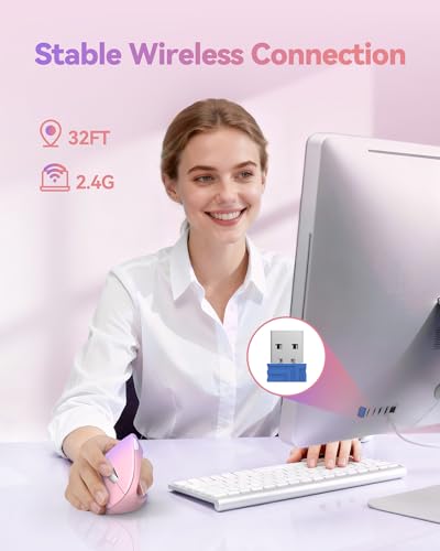 TECKNET 2.4G Ergonomic Mouse Vertical Wireless - 4800 DPI Optical Carpal Tunnel Mice Right Hand, 4800 DPI Adjustable, Quiet Clicks, 6 Buttons for Laptop, Desktop, PC, Computer - Pink Purple - Image 2